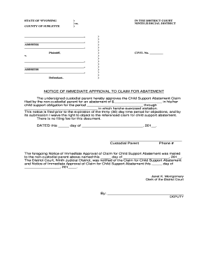 NOTICE OF IMMEDIATE APPROVAL TO CLAIM FOR ABATEMENT DATED - sublettewyo