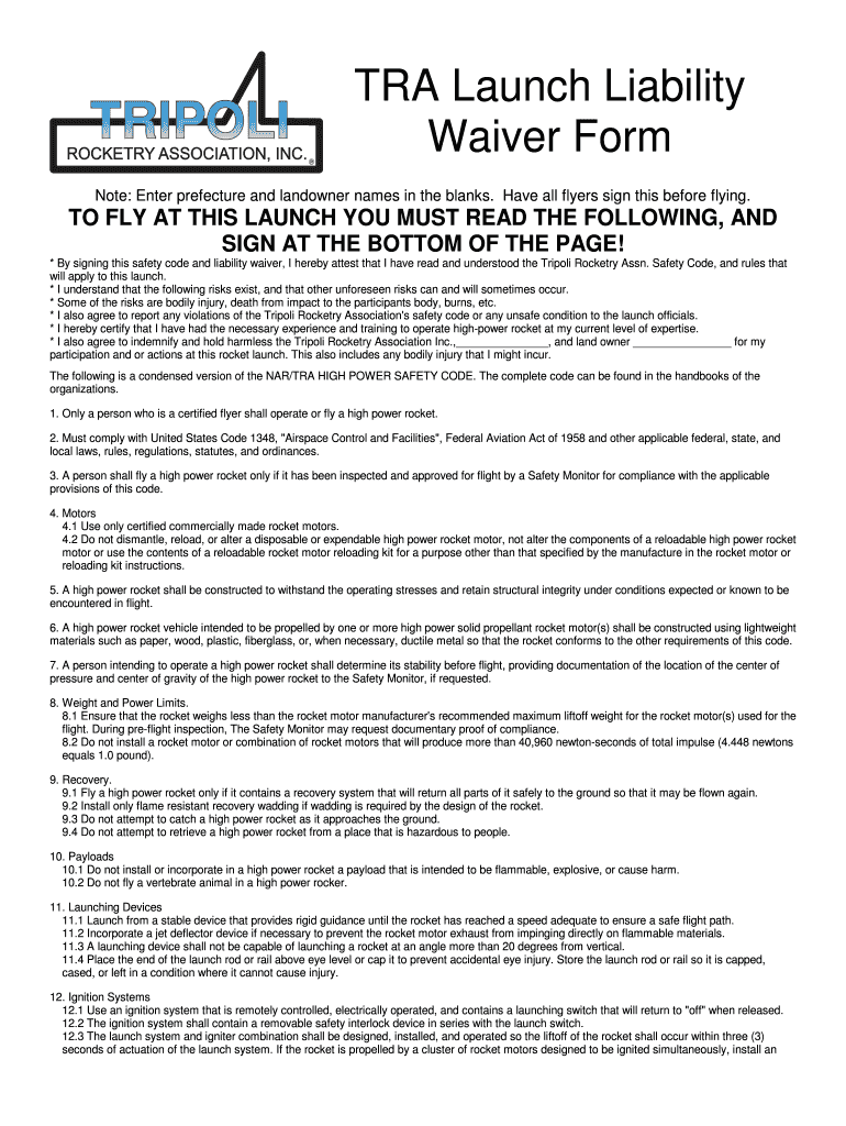 Fillable Online tripoli TRA Launch Liability Waiver Form - tripoli Fax ...