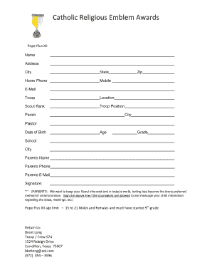 Fillable Online Catholic Religious Emblem Awards - Boy Scout Troop 574 Fax Email Print - pdfFiller