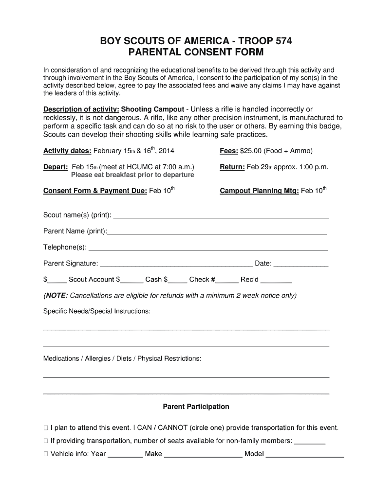 Fillable Online BOY SCOUTS OF AMERICA TROOP 574 PARENTAL CONSENT FORM Fax Email Print pdfFiller
