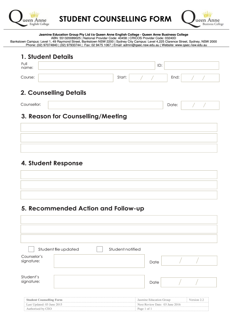 Student Counselling Form Remplir En Ligne Imprim Fillable Vide