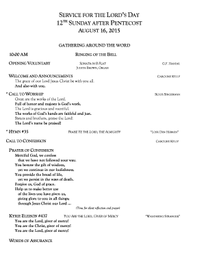 Printable party flyers - SERVICE FOR THE LORDS DAY 12TH SUNDAY AFTER PENTECOST AUGUST 16, 2015 GATHERING AROUND THE WORD 10:00 AM RINGING OF THE BELL OPENING VOLUNTARY IN B FLAT G - fpc-cumberland