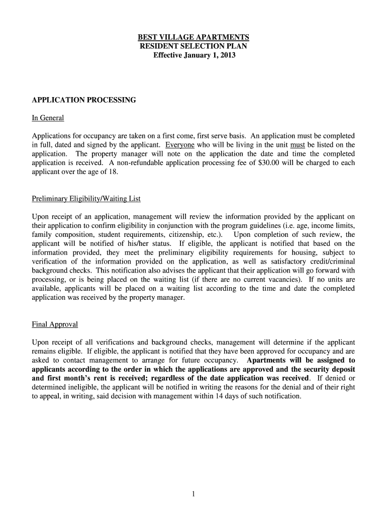 Fillable Online BEST VILLAGE APARTMENTS RESIDENT SELECTION PLAN Fax