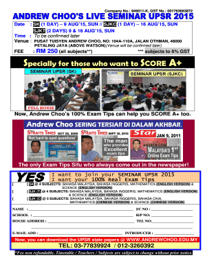 : 001763663872 Date : SK (1 DAY) 9 AUG15, SUN // SJKC (1 DAY) 16 AUG15, SUN SJKT (2 DAYS) 9 &amp;amp