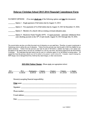 Outreach activity plan - Delavan Christian School 2015-2016 Financial Commitment Form - delavanchristianschool