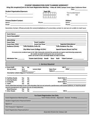 How to plan a banquet worksheet - STUDENT ORGANIZATION EVENT PLANNING WORKSHEET Bring this completed form to the Event Registration Meeting Fridays 10AM, Campus Center Upper Conference Room Date: Student Organization/Sponsors: Dept ID#: TCU Funded Event