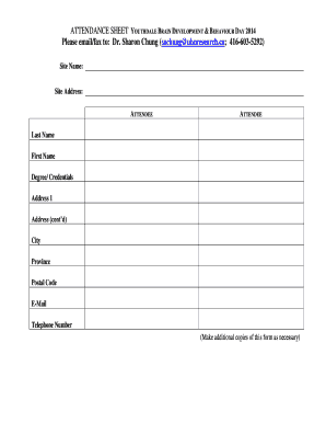 ATTENDANCE SHEET YOUTHDALE BRAIN DEVELOPMENT BEHAVIOUR D