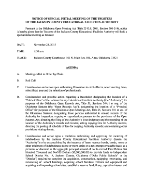 Sample of board resolution for account opening - NOTICE OF SPECIAL INITIAL MEETING OF THE TRUSTEES OF THE - jackson okcounties