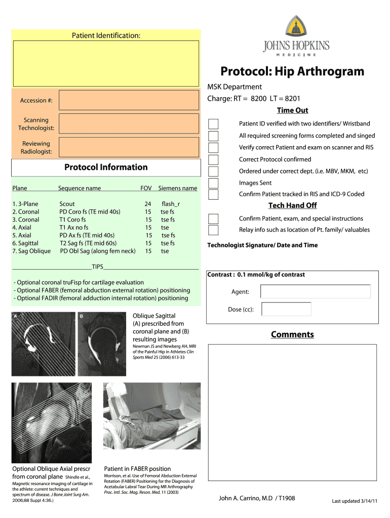 Fillable online rad jhmi protocol hip arthrogram hopkins medicine fax