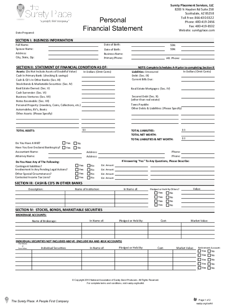 NASBP Producers Tool Kit. Personal Financial Statement Preview on Page 1