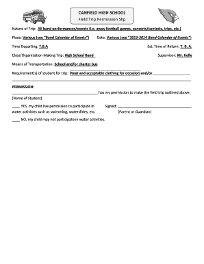 CANFIELD HIGH SCHOOL Field Trip Permission Slip