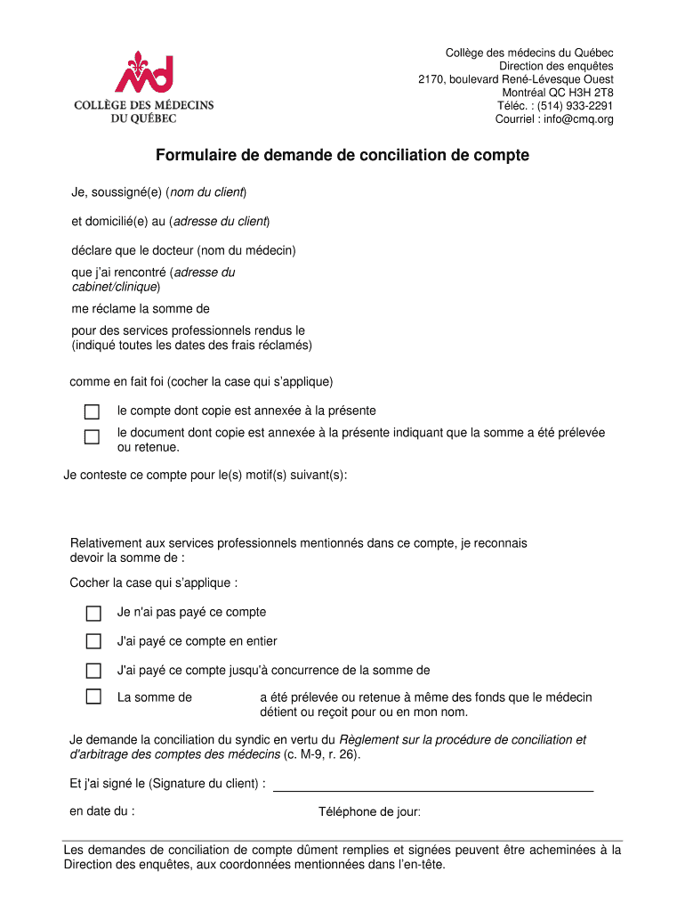 Fillable Online cmq Formulaire de demande de conciliation de compte Coll ge des Fax Email