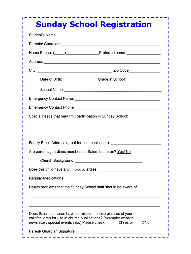 sunday school student information form Preview on Page 1