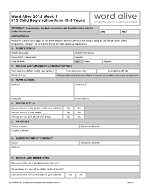 Word Alive 2015 Week 1 E12 Child Registration Form 0-5 Years - wordaliveevent