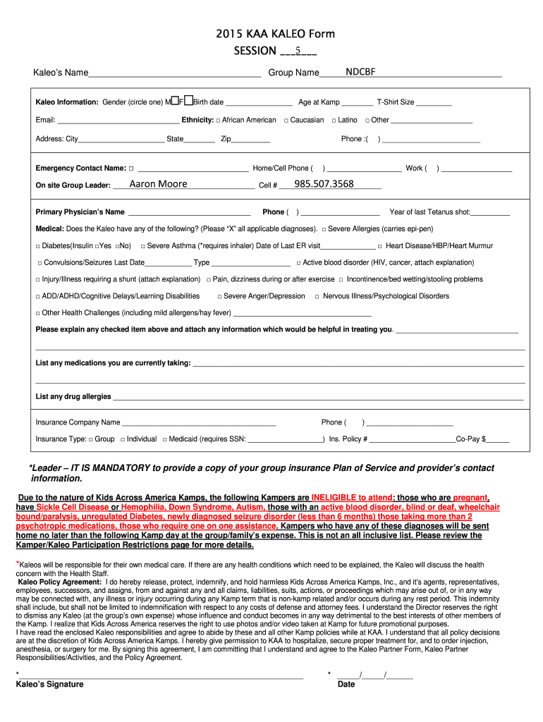 Fillable Online ndcbf 2015 KAA Kaleo Health Form Fax Email Print