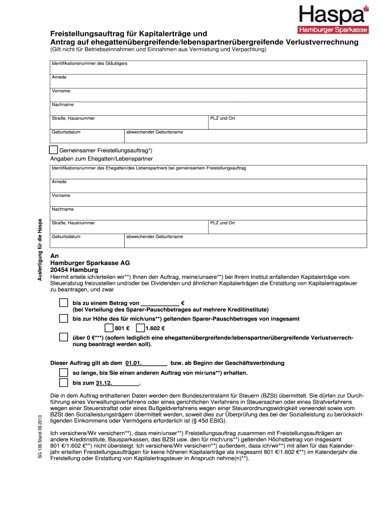 Haspa Freistellungsauftrag Pdf Online ausfüllen, ausdrucken, ausfüllbar, leer pdfFiller