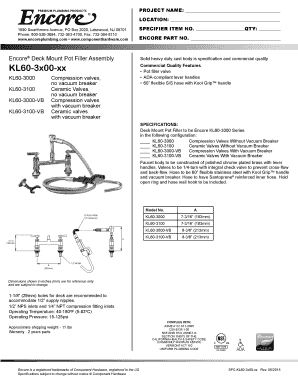 Encore Deck Mount Pot Filler Assembly Solid heavy duty cast body is specification and commercial quality KL603x00xx Commercial Quality Features Pot filler valve ADAcompliant lever handles 60 flexible