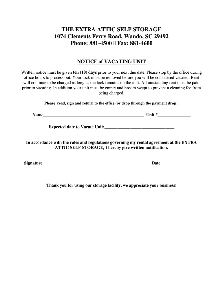 Fillable Online Vacate Notice - The Extra Attic Self Storage Fax Email ...