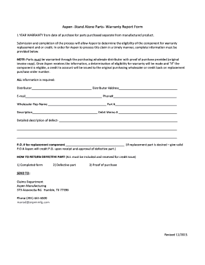 Aspen -Stand Alone Parts- Warranty Report Form