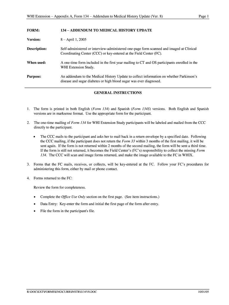 Fillable Online WHI Extension Appendix A, Form 134 Addendum to Medical