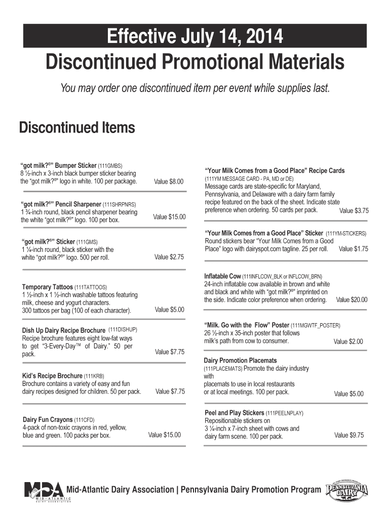 Fillable Online Discontinued Promotional Materials Fax Email Print