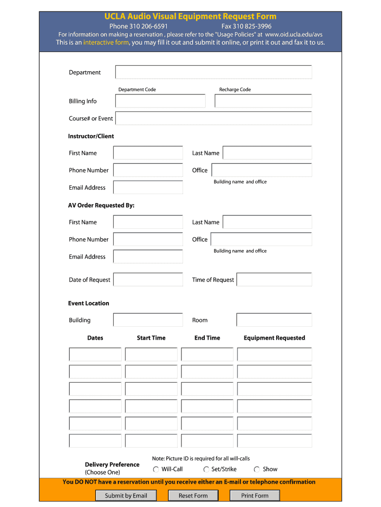 Fillable Online oid ucla UCLA Audio Visual Equipment Request Form Fax