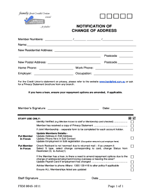 NOTIFICATION OF CHANGE OF ADDRESS - Family First Credit Union