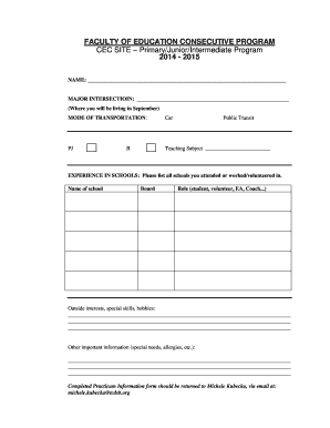 Fillable Online FACULTY OF EDUCATION CONSECUTIVE PROGRAM CEC SITE ...
