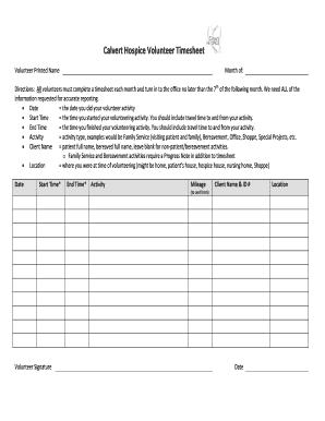 fillable online calvert hospice volunteer timesheet fax email print fillable timesheet