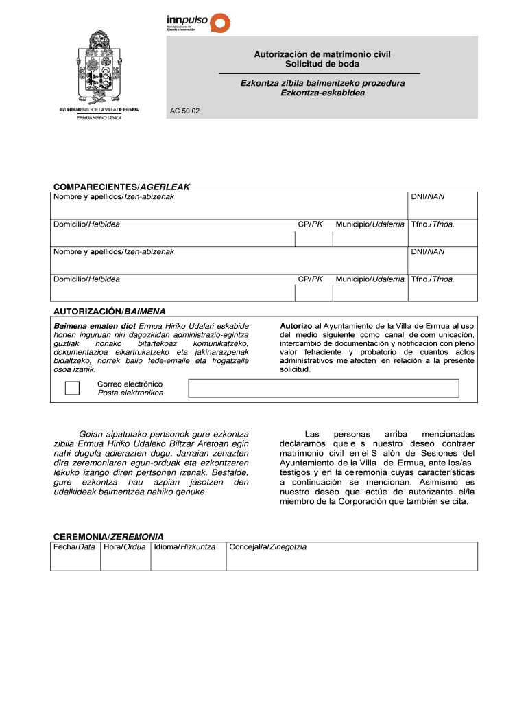 Autorizaci n de matrimonio civil Solicitud de boda Ezkontza zibila Vista previa en la página 1