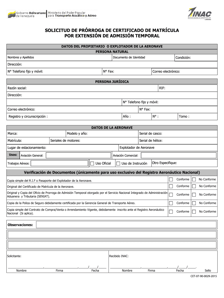 Solicitud de pr rroga de certificado de matr cula por - INAC Vista previa en la página 1