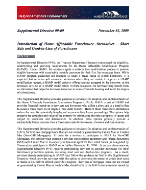 Loan reconsideration letter sample - Supplemental Directive 0909 November 30, 2009 Introduction of Home Affordable Foreclosure Alternatives Short Sale and DeedinLieu of Foreclosure Background In Supplemental Directive 0901, the Treasury Department (Treasury) announced the