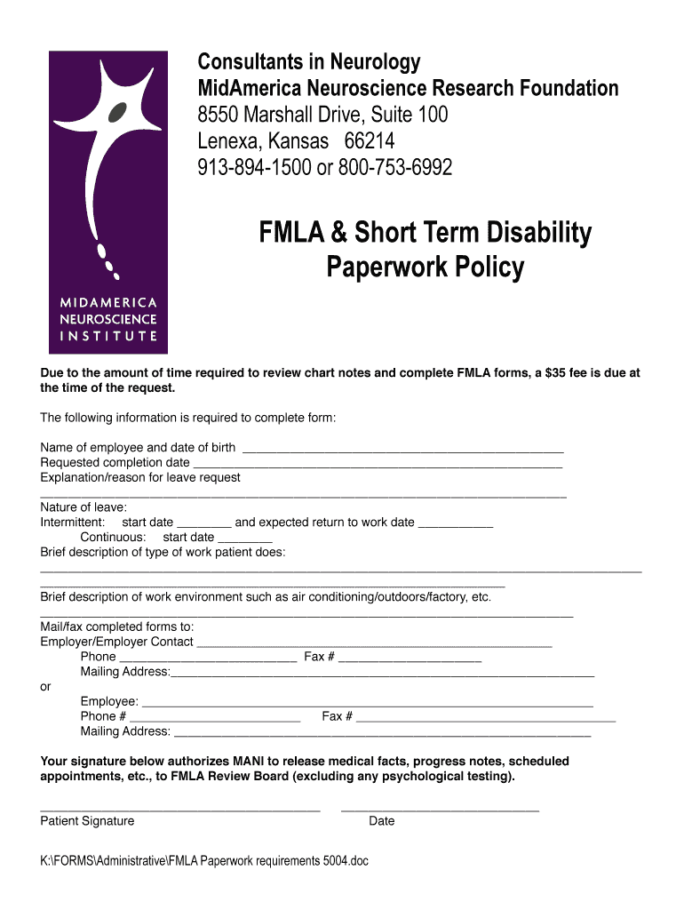Fillable Online FMLA amp Short Term Disability Paperwork Policy Fax