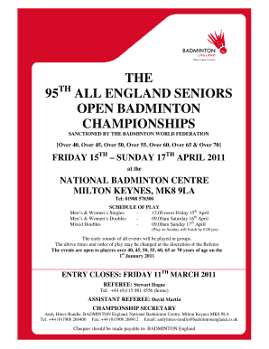 The 95th All England Seniors Entry Form - badminton