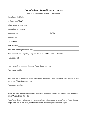 Kids Info Sheet: Please fill out and return - New Hope Assembly