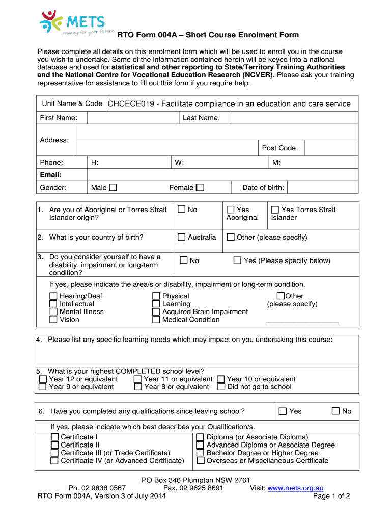 Fillable Online mets org RTO Form 004A Short Course Enrolment Form ...