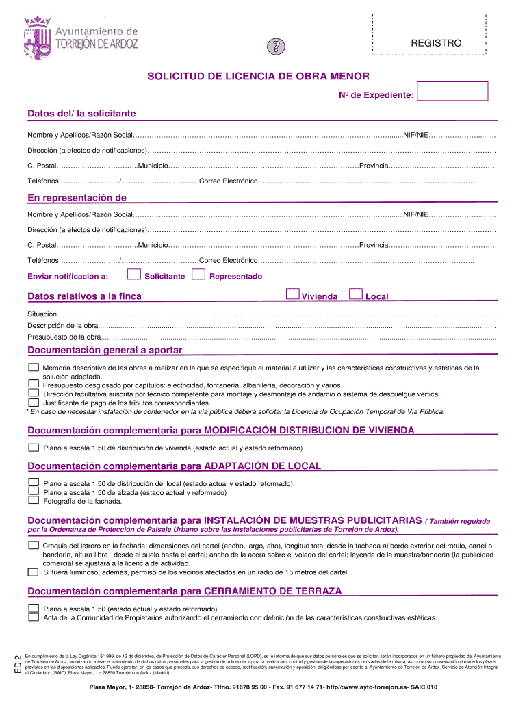 Solicitud de licencia de obra menor - web oficial - Ayto Torrejon de Vista previa en la página 1