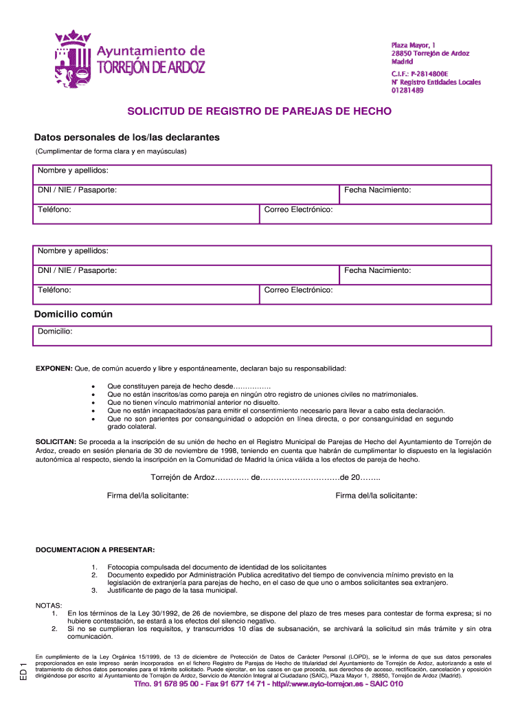 SOLICITUD DE REGISTRO DE PAREJAS DE HECHO Vista previa en la página 1