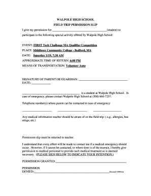 FTC Field Trip Permission Slip - Walpole Robotics - walpolerobotics