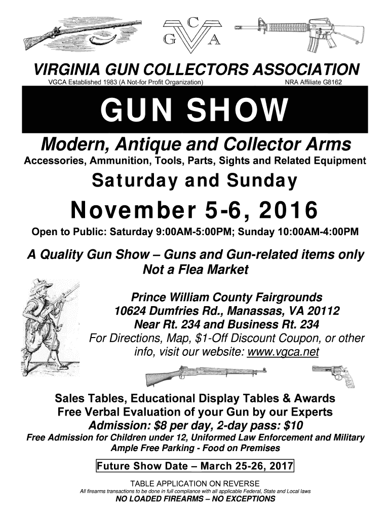 Fillable Online vgca VIRGINIA GUN COLLECTORS ASSOCIATION GUN SHOW