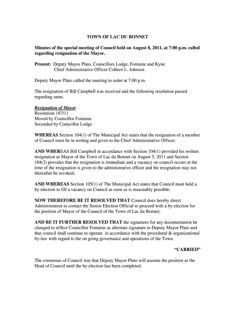 Fillable Online TOWN OF LAC DU regarding resignation of the