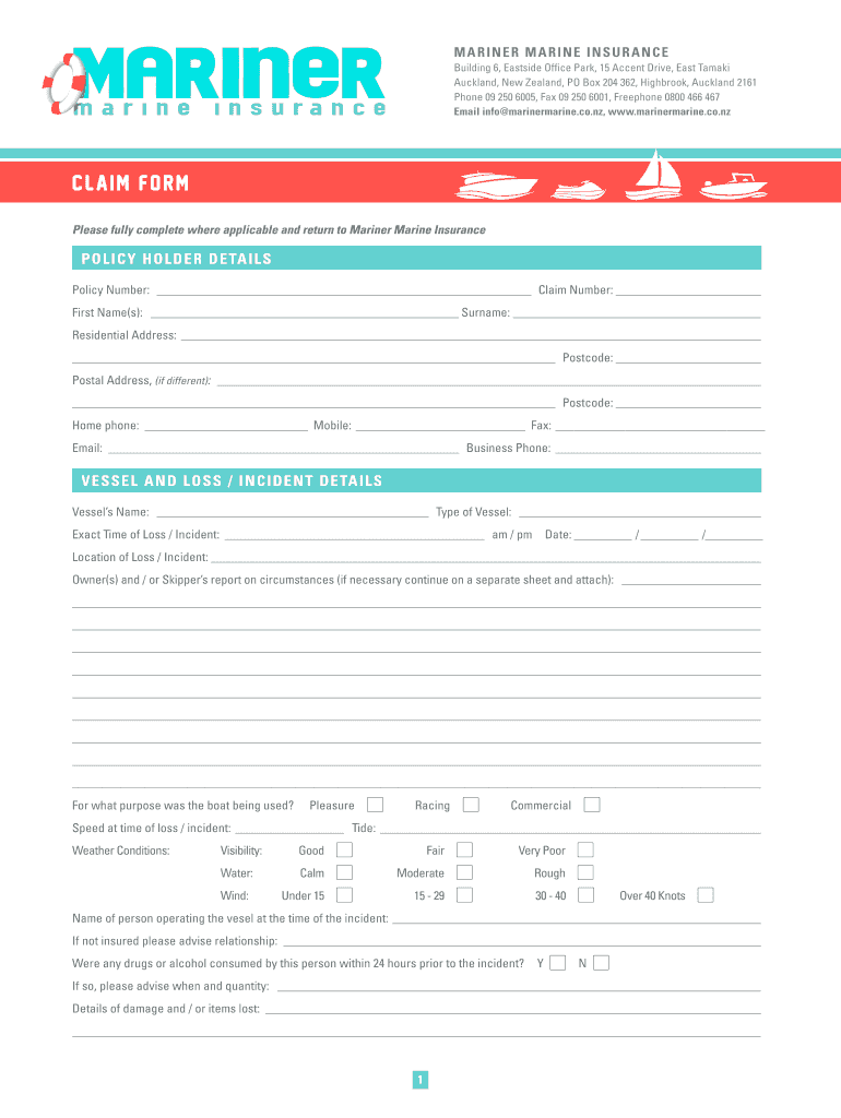 Fillable Online Claim form Mariner Marine Insurance Fax Email Print