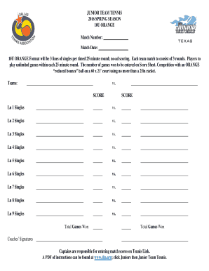 JUNIOR TEAM TENNIS 2016 SPRING SEASON 10U ORANGE Match Number - dta