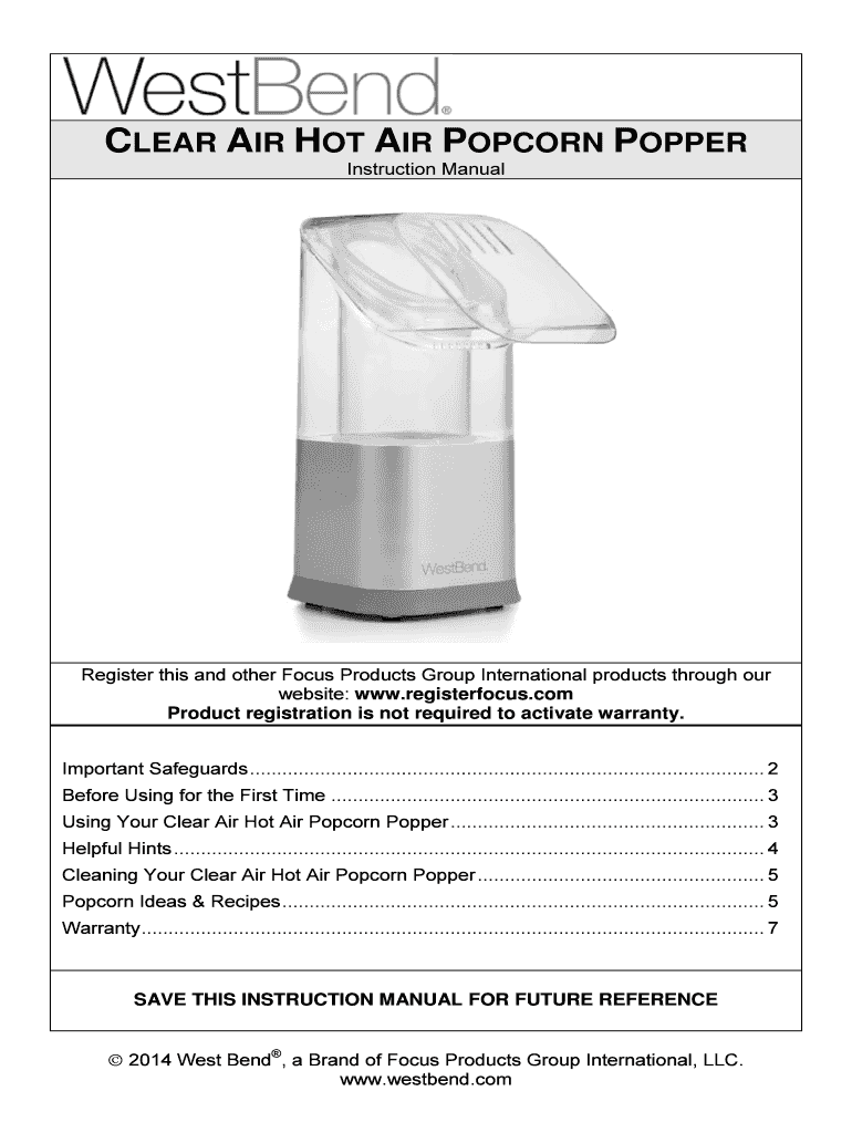 Fillable Online Clear air hot air popcorn popper West Bend Fax Email