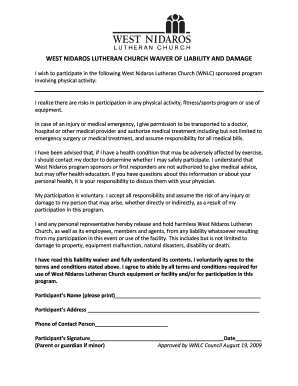 Waiver of Liability and Damage Form - West Nidaros Lutheran Church - westnidaros