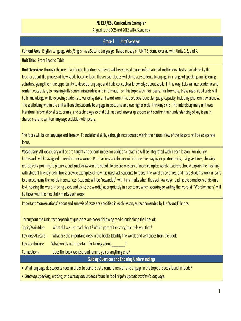 Fillable Online state nj NJ ELAESL Curriculum Exemplar Grade 1 State