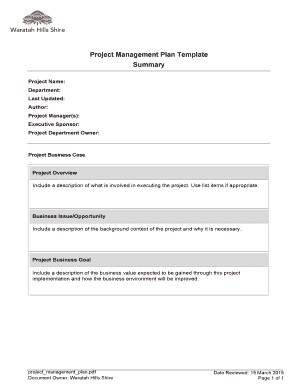 Project management intake form - Project Management Plan Template Summary - Waratah Hills Shire - waratah tafeillawarra edu