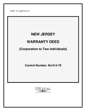 NEW JERSEY WARRANTY DEED Corporation to Two Individuals Control Number: NJ01478 I