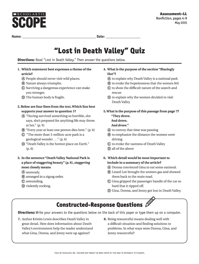 Lost In Death Valley Scholastic Scope Fill Online Printable