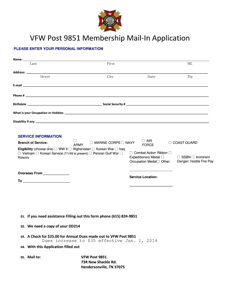 Fillable Online vfw9851 VFW Post 9851 Membership Mail-In Application ...